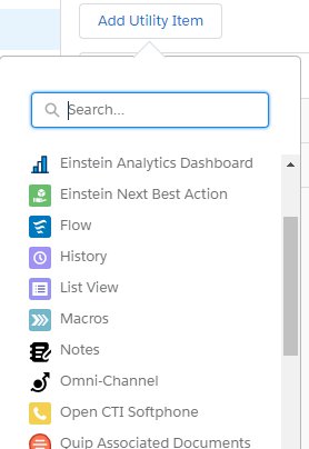 Add Utility Item dropdown showing Open CTI Softphone