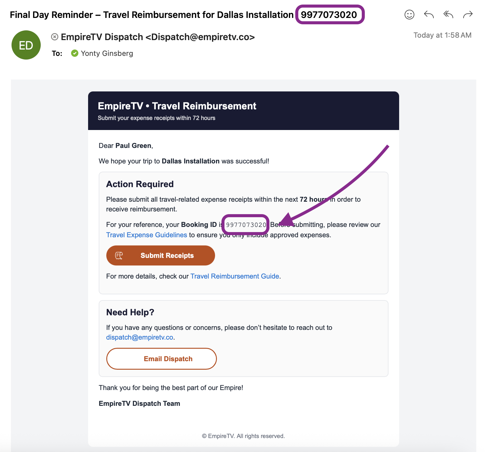 Booking ID screenshot