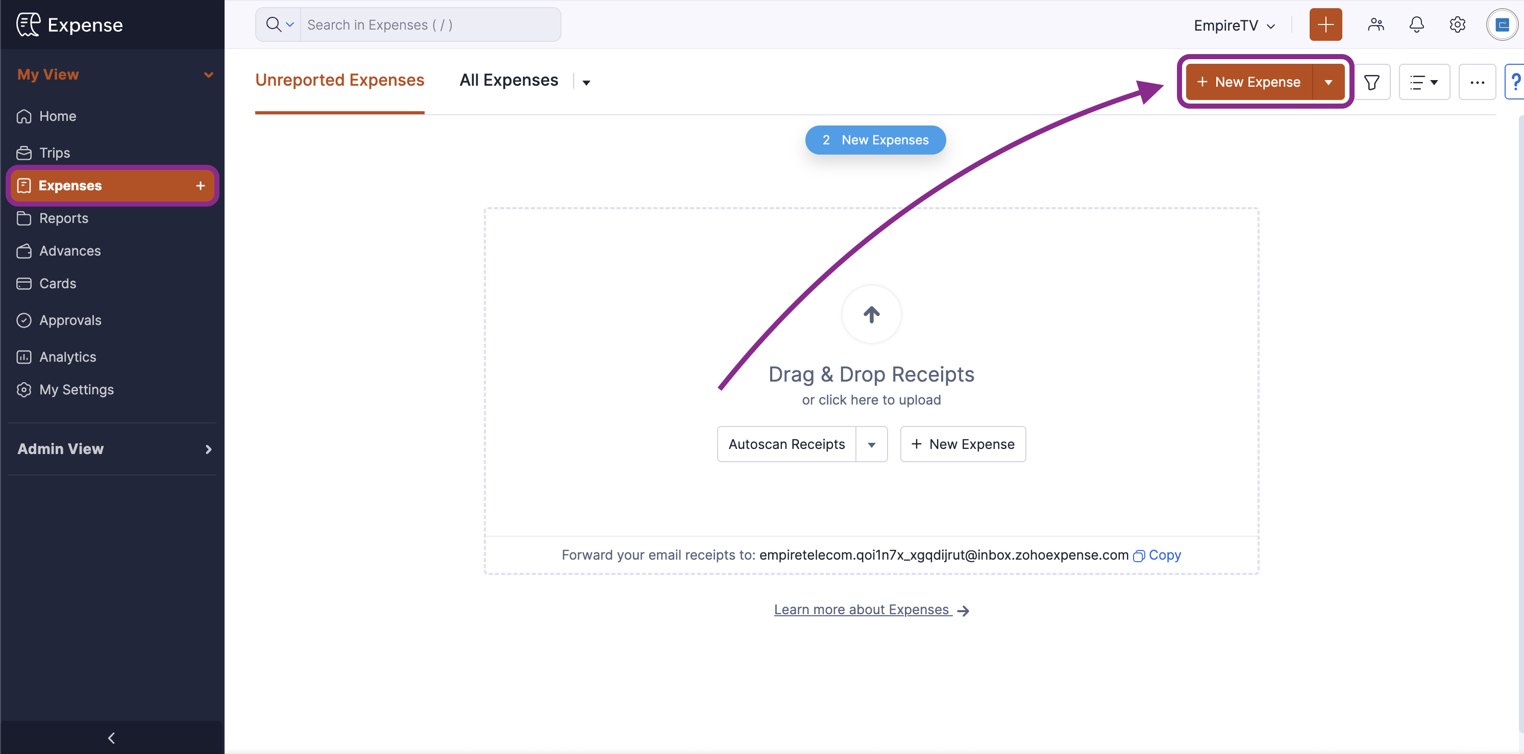 Zoho Expense desktop portal