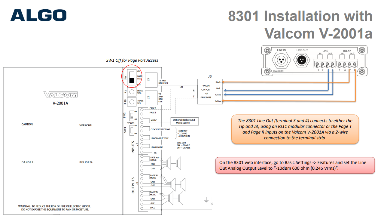 How to connect the Algo 8301 to a V2001a Amplifier